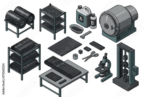 Isometric set of equipment and materials for carbon fiber composite manufacturing