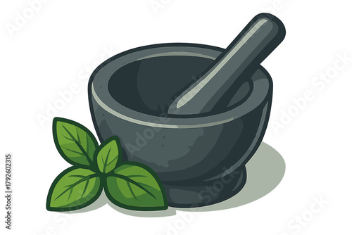 Dark stone mortar and pestle with fresh green basil leaves for cooking or herbal preparation