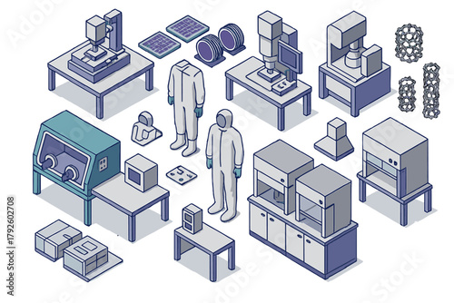 Isometric set of advanced scientific research equipment, nanotechnology tools, cleanroom suits, and molecular structures