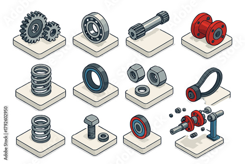 Isometric view of essential mechanical engineering components and spare parts