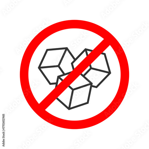 Sugar free graphic icon. No sugar isolated sign on white background. Prohibition sign on sugar cubes. Vector illustration