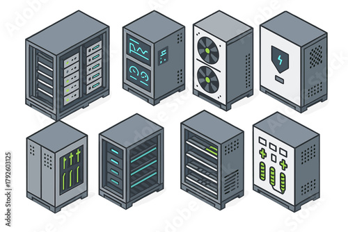 Isometric data center server cabinets and network infrastructure modules collection
