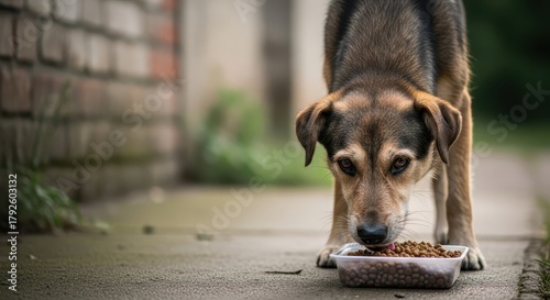 Fototapeta Naklejka Na Ścianę i Meble -  Homeless dog eating kibble from a bowl on concrete pavement  