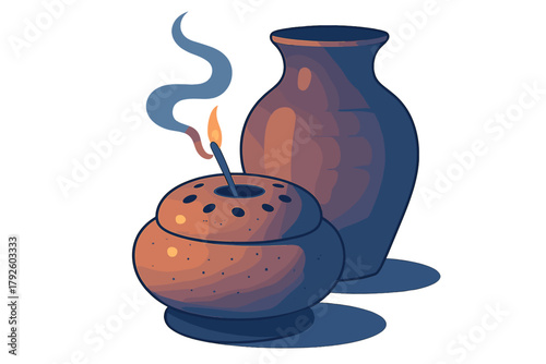Traditional terracotta incense holder with burning stick and smoke next to a decorative vase