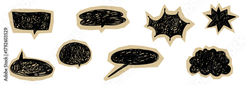 Ripped paper craft speech bubbles stickers hand drawn doodle set in simple pencil style. Text chat scrapbook retro vector elements collection for decoration.