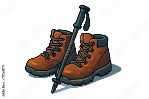 Essential outdoor gear featuring rugged leather hiking boots and a durable trekking pole