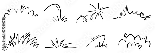 Comic doodle explosion burst vector illustration. Motion splash pop impact hand drawn element set. Water gas effects.
