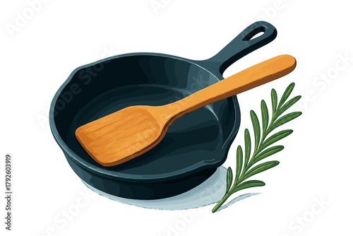 Cast iron skillet with wooden spatula and fresh rosemary sprig on white background
