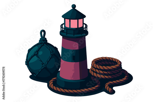 Coastal navigation beacon with coiled brown rope and dark blue glass fishing float