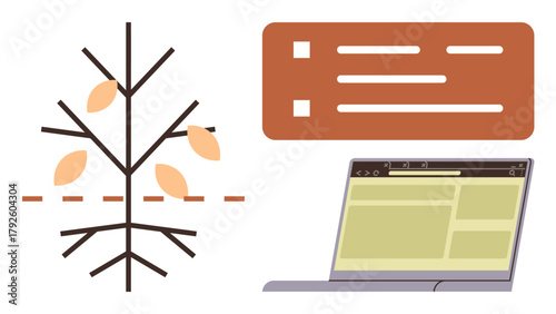 Stylized decision tree with connecting branches and dotted path, laptop screen displaying organized data, checklist. Ideal for analytics, planning, education, problem-solving, minimalism, tech