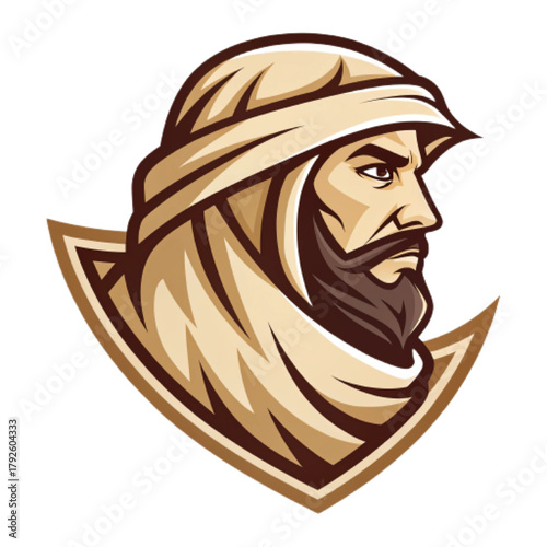 Nomad Warrior Esport Mascot Logo – Vector Crest Emblem with Beige and Dark Brown Colors, Cloth‑Wrapped Face Design, Transparent Background PNG

