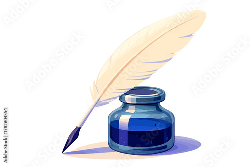 Elegant quill feather pen resting on a glass ink bottle filled with deep blue liquid ink