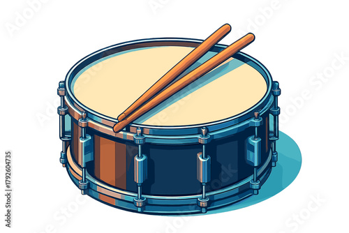 Detailed modern snare drum and pair of wooden drumsticks resting on the percussion instrument