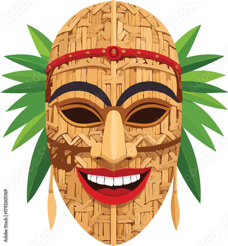 A vibrant and detailed illustration of a traditional tribal mask with a smiling expression, adorned with green leaves.