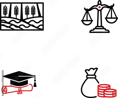 Agricultural justice education and finance a conceptual image representing farming fairness academic achievements and financial success with related symbolic icons