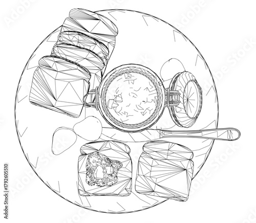 Black and white contour drawing of a breakfast plate with toast, strawberries, and jam. A spoon rests in the center, ready for eating. Top view