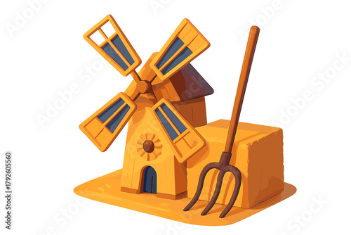 Traditional farm windmill and agricultural pitchfork isolated against a white background