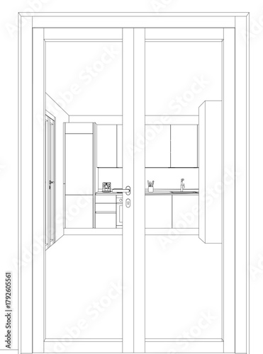 A kitchen contour drawing with double doors, sink, tap, and cupboards arranged in a clean room layout.