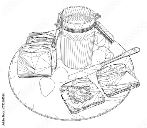 A contour sketch of toast with strawberry jam, featuring a jar and spoon on a white plate. The minimalist line art emphasizes clean design and simple breakfast elements.