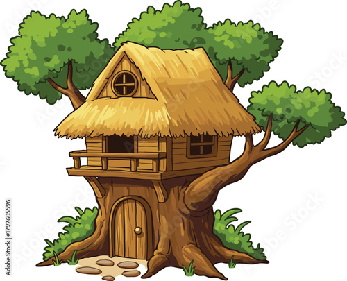 Whimsical treehouse with thatched roof and balcony in lush forest, vector illustration for fantasy storytelling and children’s adventure concept