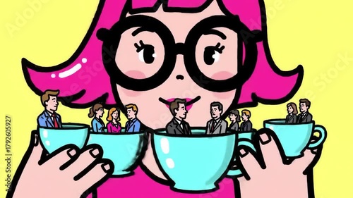Oversized woman holding multiple teacups containing miniature businesspeople