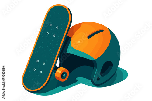 Skateboard leaning against protective helmet safety gear for action sports