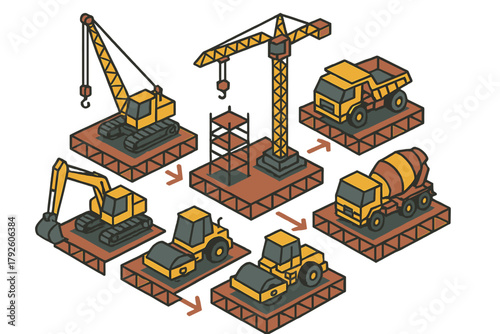 Isometric construction process flow chart featuring heavy equipment and machinery