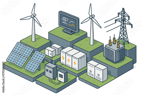 Isometric smart grid concept showing renewable energy generation, battery storage, and power transmission infrastructure