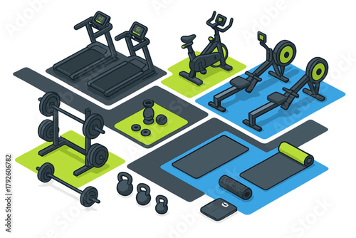 Detailed isometric layout showcasing a comprehensive set of modern gym and fitness equipment