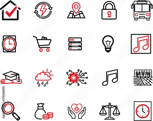 Set of business icons and symbols for various purposes covering education transport technology finance healthcare and creative aspects in two tone style