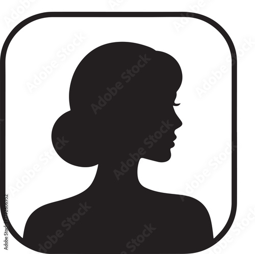A black silhouette of a woman's head and shoulders in profile, facing right, with her hair styled in a bun.