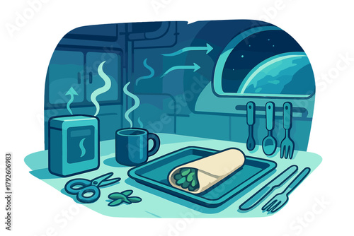 Futuristic space station galley interior with a simple meal and Earth view
