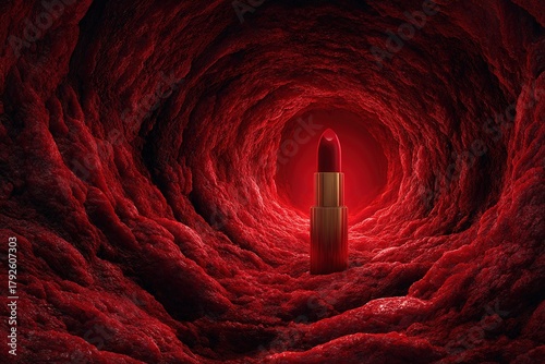 Red lipstick tube standing in a glowing red textured tunnel with dramatic lighting and surreal organic surface