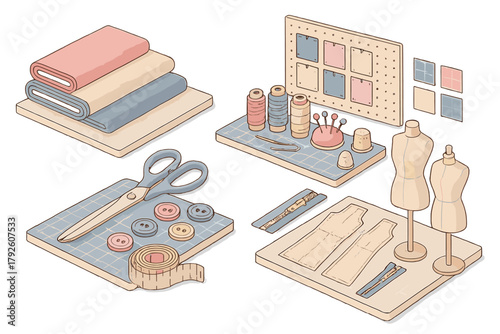 Isometric collection of sewing and tailoring supplies including fabric, thread, scissors, and dress forms