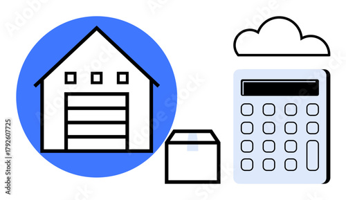 Warehouse building with shipping box, calculator, and cloud graphic representing digital logistics, inventory calculation, and supply chain management. Ideal for business, technology, e-commerce
