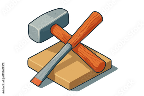 Classic carpentry tools mallet and chisel crossed over a light brown wooden surface