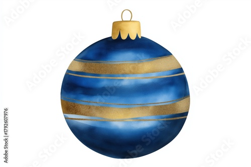 Watercolor isolated Christmas ball ornament in blue with gold stripes, showcasing a festive design perfect for holiday decorations and seasonal celebrations