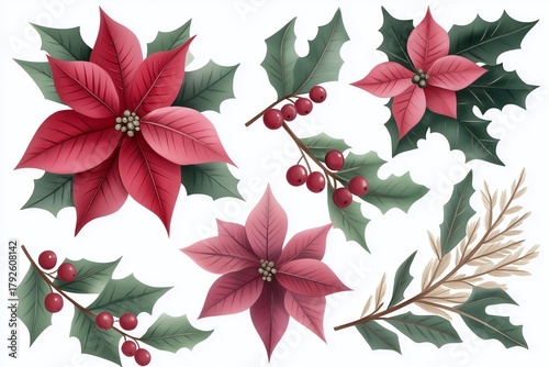 Watercolor illustration of a floral set featuring vibrant poinsettia flowers and holly, perfect for New Year celebrations and seasonal decorations with copy space