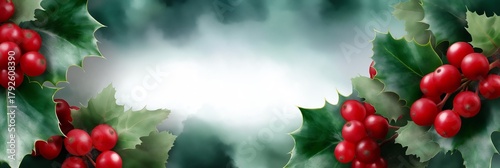 Watercolor illustration featuring a wide border of holly leaves and mistletoe with vibrant red berries, creating a festive and seasonal atmosphere for holiday celebrations