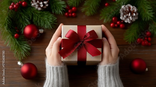 Elf hands delicately holding a beautifully wrapped gift box adorned with a red ribbon, surrounded by festive decorations and holiday cheer on a wooden table