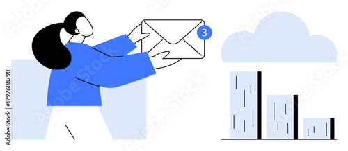 Person offers an email envelope with notification bubble. Cloud and bar graph symbolize data, communication, growth, technology. Ideal for teamwork, messaging, analytics, networking file sharing