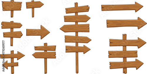 Wooden directional sign illustration set with varied shapes and orientations for outdoor design, wayfinding, and editorial vector content