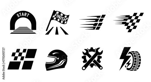 Collection Of Racing And Speed Related Icons With Start Finish Line Arch Chequered Flags Helmet And Tire Symbol On A White Background