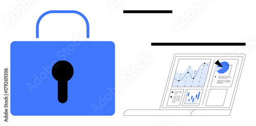 Blue padlock symbolizing cybersecurity next to a laptop displaying charts and graphs for data analysis. Ideal for security, analytics, technology, data protection, statistics, business strategy