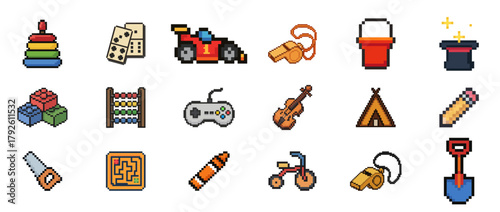 Pixel art icons of toys and activities including car, whistle, blocks, tent, and violin