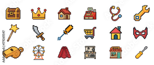 Pixel art icons: crown, house, sword, ferris wheel, toy shop, stethoscope, cape, treasure chest