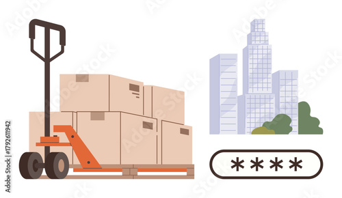 Pallet jack moving stacked cardboard boxes, modern skyscrapers in background, and secure password display. Ideal for logistics, shipping, urban business, data security, warehousing, ecommerce
