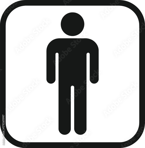 A minimalist black pictogram of a standing man within a rounded square border. This is a common symbol for men's facilities.