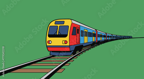 Vibrant commuter train chugging along tracks against a lush green backdrop, perfect for transportation and travel themes in editorial content