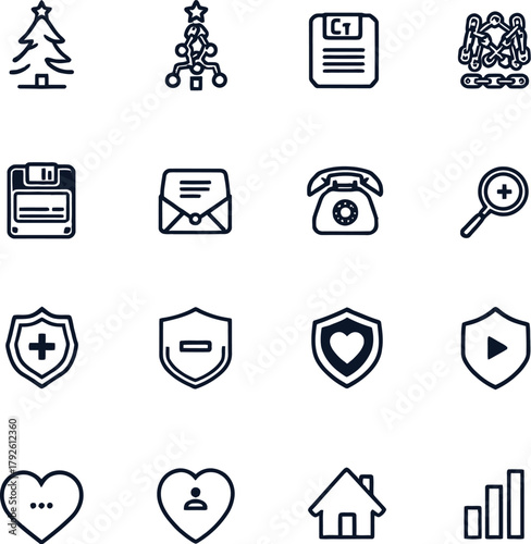 Cyber Security, Data Protection, and Communication Bold Line Icon Set Network Shield Heart